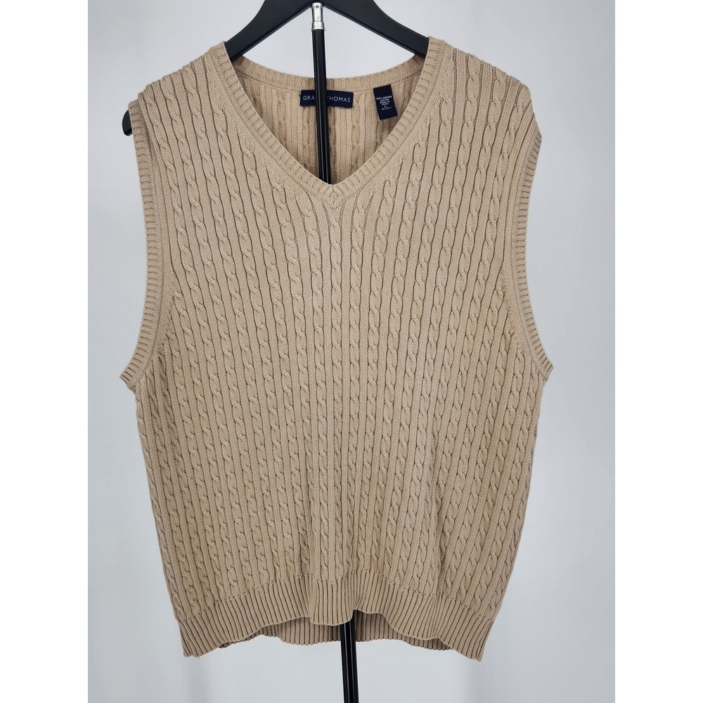 Grant Thomas Mens Tan Beige 100% Supima Cotton Cable Knit V-Neck‎ Sweater Vest L